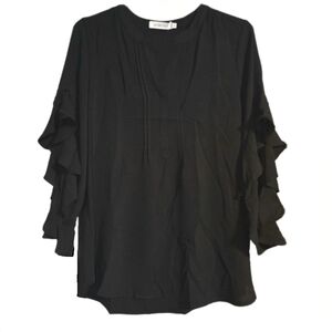 Black, Long-Sleeved, V-Neck Blouse with Cascading Ruffle Sleeves - Large - NWT